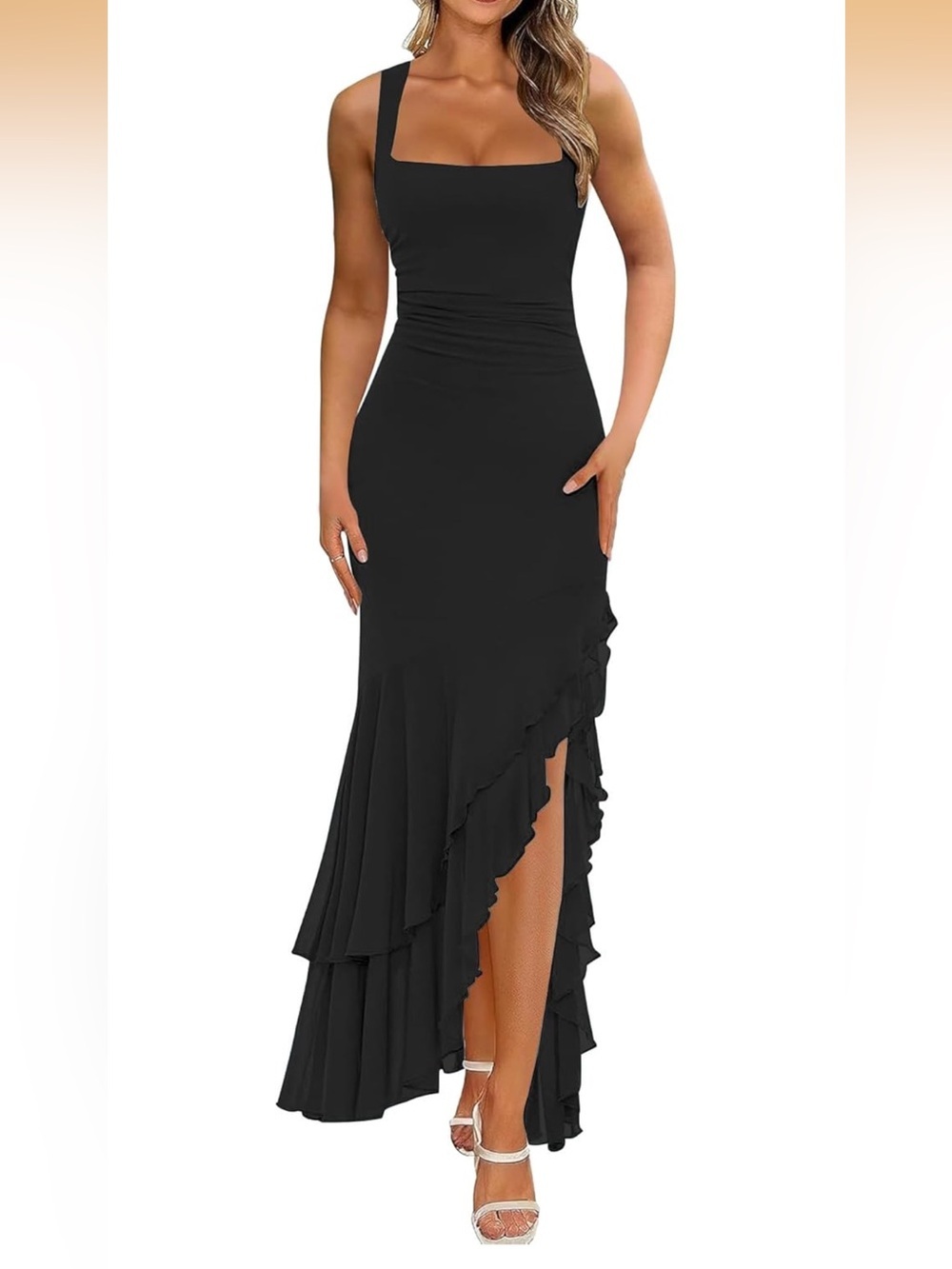 Elegant Bodycon Ruched Maxi Dress Mesh Sleeveless Mermaid Ruffle. 1980/4-2